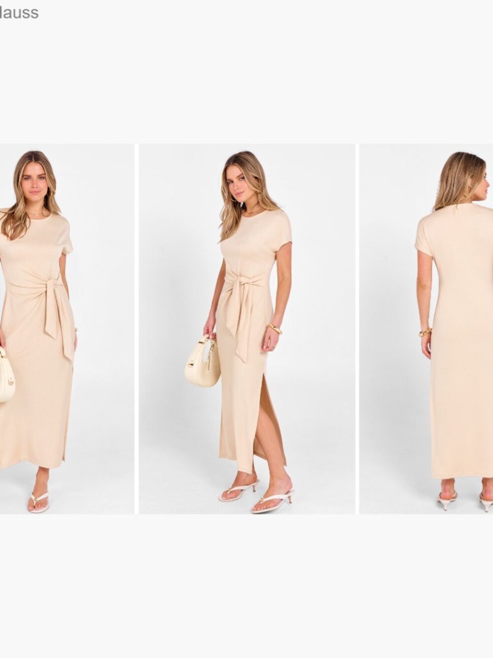 Slim Fit Maxi Dress with Tie Waist, Wrinkle-Free, Crew Neck, Short Sleeve - Picture 7 of 7